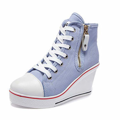 Picture of Women's Canvas High-Heeled Shoes Fashion Sneakers Casual Shoes for Walking Platform Wedges Pump Shoes Blue, 9.5 - Size: 9.5