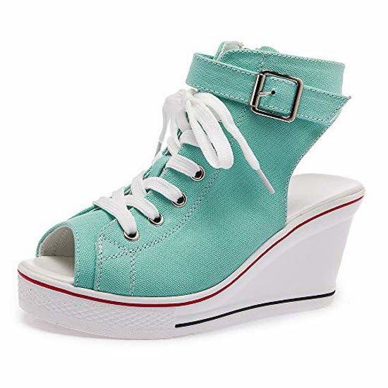 Picture of Women's Canvas High-Heeled Shoes Fashion Sneakers Casual Shoes for Walking Platform Wedges Pump Shoes Green, 10 - Size: 10