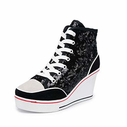 Picture of Women's Canvas High-Heeled Shoes Fashion Sneakers Casual Shoes for Walking Platform Wedges Pump Shoes Black, 6.5 - Size: 6.5