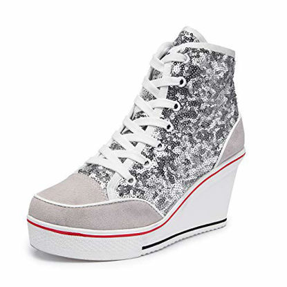 Picture of Women's Canvas High-Heeled Shoes Fashion Sneakers Casual Shoes for Walking Platform Wedges Pump Shoes White, 5 - Size: 5