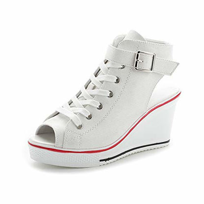 Picture of Women's Canvas High-Heeled Shoes Fashion Sneakers Casual Shoes for Walking Platform Wedges Pump Shoes White, 5.5 - Size: 5.5