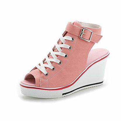 Picture of Women's Canvas High-Heeled Shoes Fashion Sneakers Casual Shoes for Walking Platform Wedges Pump Shoes Pink, 5.5 - Size: 5.5