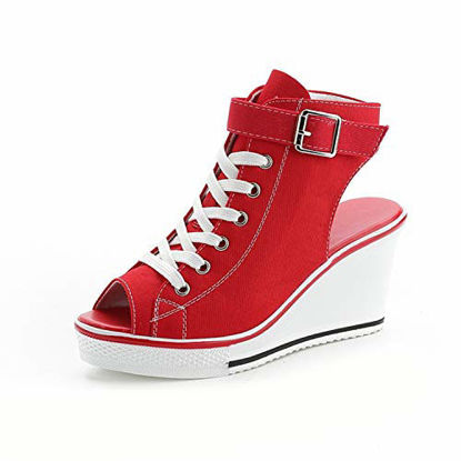 Picture of Women's Canvas High-Heeled Shoes Fashion Sneakers Casual Shoes for Walking Platform Wedges Pump Shoes red, 6.5 - Size: 6.5