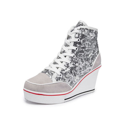 Picture of Women's Canvas High-Heeled Bling Shoes Casual Shoes Fashion Sparkling Sneakers for Walking Platform Wedges Pump Shoes White, 5 - Size: 5