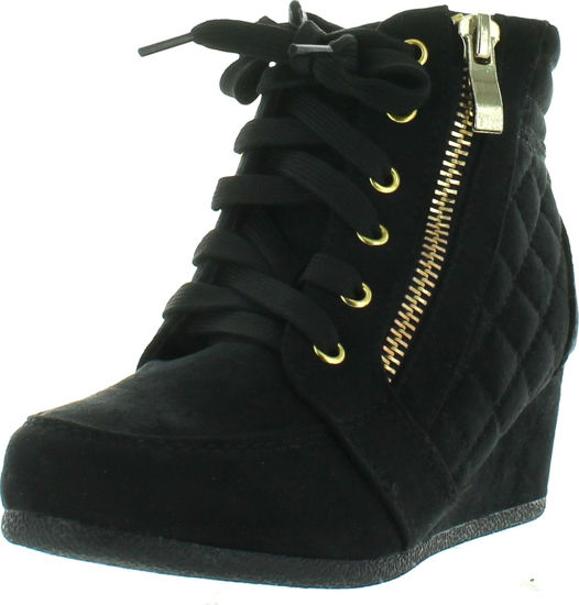 Picture of Link Peggy-63K Children Girl's Wedge Heel Lace Up Diamond Shape Quilted Sneakers,Black,4 - Size: 4 Big Kid