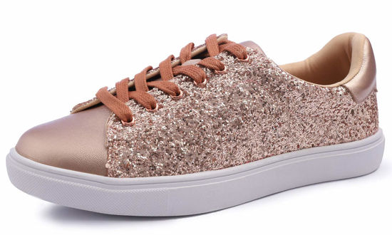 Picture of FEVERSOLE Women's Fashion Dress Sneakers Party Bling Casual Flats Embellished Shoes Rose Gold Glitter Lace Size 8.5 M US - Size: 8.5