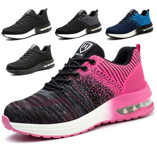 Picture of Steel Toe Shoes for Men Women Breathable Safety Work Sneakers Lightweight Comfortable Proof Slip Resistant Fashion Sneakers Air Cushion Construction Industrial Safety Shoes Pink - Size: 6 Women/5 Men