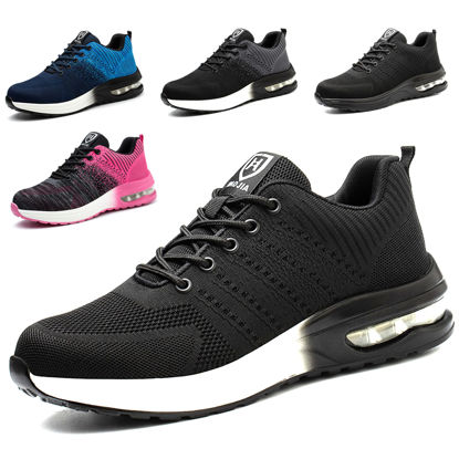 Picture of Steel Toe Shoes for Men Women Breathable Safety Work Sneakers Lightweight Comfortable Proof Slip Resistant Fashion Sneakers Air Cushion Construction Industrial Safety Shoes Black/White - Size: 8 Women/6.5 Men