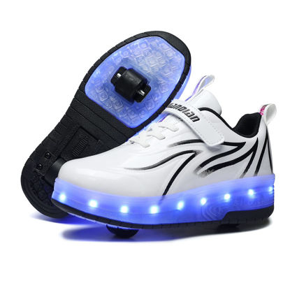 Picture of BFOEL Kids Roller Skates USB Chargable LED Light Up Shoes 2 Wheel Skate Sneaker Best Gift for Boys Girls Birthday Thanksgiving Christmas Day White/Black - Size: 4 Big Kid