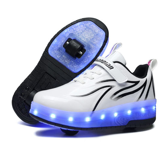 Picture of BFOEL Kids Roller Skates USB Chargable LED Light Up Shoes 2 Wheel Skate Sneaker Best Gift for Boys Girls Birthday Thanksgiving Christmas Day White/Black - Size: 4 Big Kid