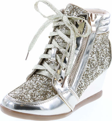 Picture of Forever Link Women's Fashion Glitter High Top Lace Up Wedge Sneaker Shoes,Gold,11 - Size: 11