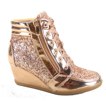 Picture of Forever Link Women's Fashion Glitter High Top Lace Up Wedge Sneaker Shoes,Rose Gold,7 - Size: 7