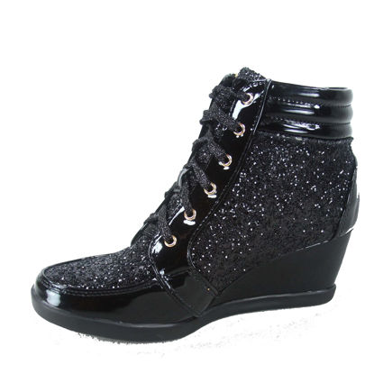 Picture of Forever Link Women's Fashion Glitter High Top Lace Up Wedge Sneaker Shoes,Black,10 - Size: 10