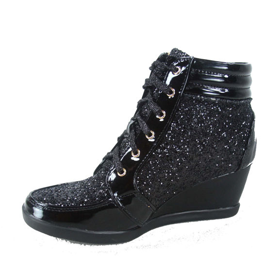 Picture of Forever Link Women's Fashion Glitter High Top Lace Up Wedge Sneaker Shoes,Black,10 - Size: 10