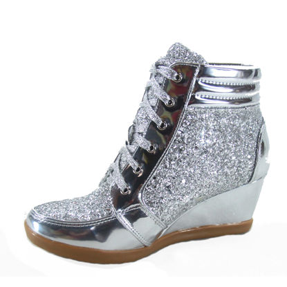 Picture of Forever Link Women's Fashion Glitter High Top Lace Up Wedge Sneaker Shoes,Silver,7.5 - Size: 7.5