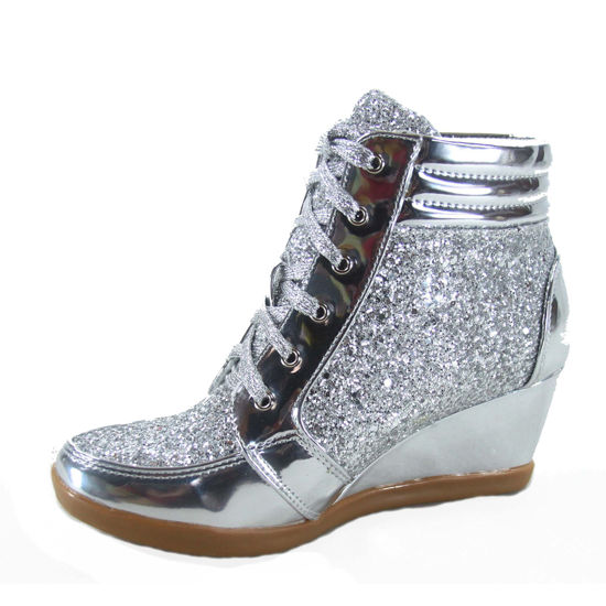 Picture of Forever Link Women's Fashion Glitter High Top Lace Up Wedge Sneaker Shoes,Silver,7.5 - Size: 7.5