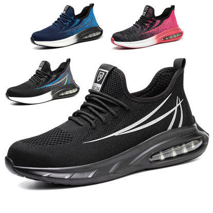 Picture of Steel Toe Shoes for Men Women Breathable Safety Work Sneakers Lightweight Comfortable Proof Slip Resistant Fashion Sneakers Air Cushion Construction Industrial Safety Shoes A-Black - Size: 6.5 Women/5 Men