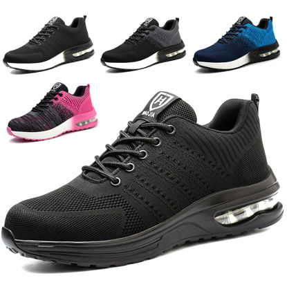 Picture of Steel Toe Shoes for Men Women Breathable Safety Work Sneakers Lightweight Comfortable Proof Slip Resistant Fashion Sneakers Air Cushion Construction Industrial Safety Shoes Black - Size: 13 Women/11.5 Men