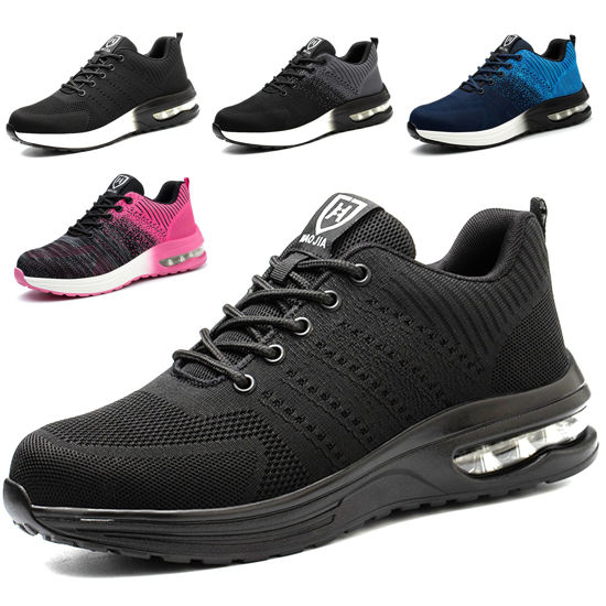 Picture of Steel Toe Shoes for Men Women Breathable Safety Work Sneakers Lightweight Comfortable Proof Slip Resistant Fashion Sneakers Air Cushion Construction Industrial Safety Shoes Black - Size: 13 Women/11.5 Men