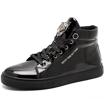 Picture of IGxx Men's Sneakers Punk Ankle Boots for Men Metal Rivet High Top Lace-up Running Basketball Shoes for Shiny Metal Decoration Shoes Motorcycle Boots Black - Size: 9.5
