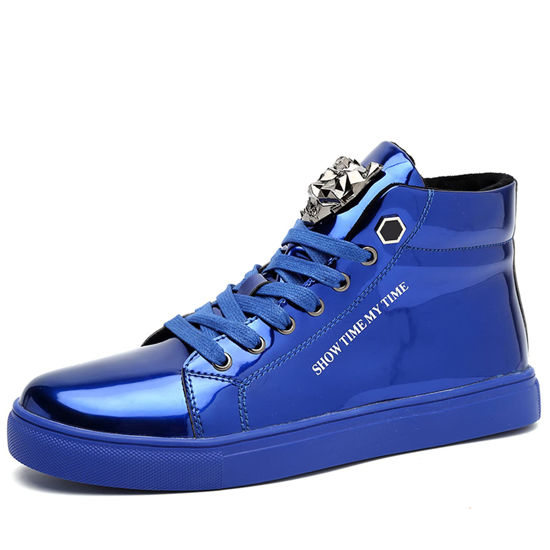 Picture of IGxx Men's Sneakers Punk Ankle Boots for Men Metal Rivet High Top Lace-up Running Basketball Shoes for Shiny Metal Decoration Shoes Motorcycle Boots Blue - Size: 7.5