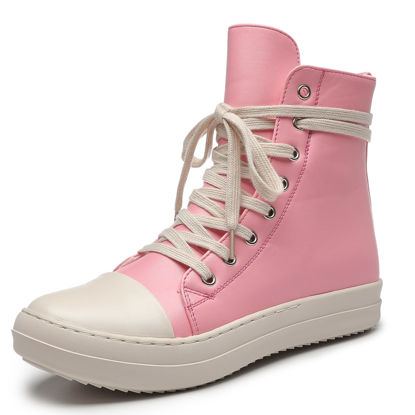 Picture of MOFEEDOUKA Womens High Top Sneakers Lace Up Comfort Platform Walking Canvas Shoes with Zipper Pink Pu - Size: 6