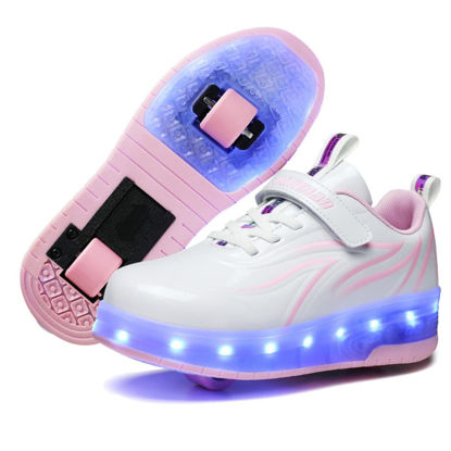 Picture of Qneic Roller Shoes USB Rechargeable Roller Skate Shoes for Girls Wheels Sneakers for Boys Light Up Shoes Kids(4 Big Kid/EU36,White/Pink) - Size: 4 Big Kid