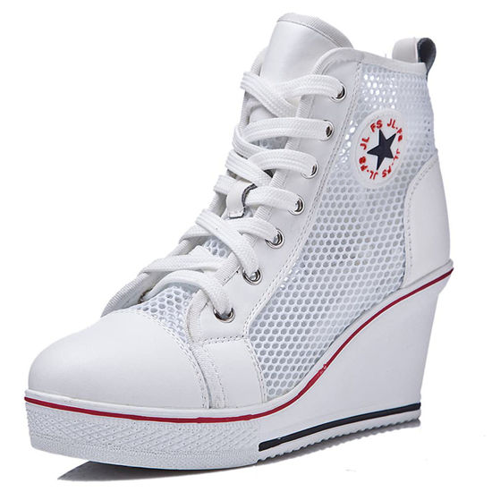 Picture of ALLINNINE Women's Sneaker Shoes High Heel Fashionable Canvas Shoes High Tube Lace Up Wedge Edge Zipper Slope Angle Shoes Size 4-11 (Net White, 8) - Size: 8