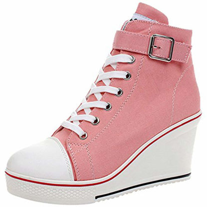 Picture of ALLINNINE Women's Sneaker Shoes High Heel Fashionable Canvas Shoes High Tube Lace Up Wedge Edge Zipper Slope Angle Shoes Size 4-11 (Pink, 11) - Size: 11