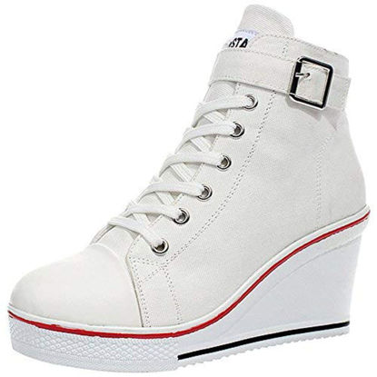Picture of ALLINNINE Women's Sneaker Shoes High Heel Fashionable Canvas Shoes High Tube Lace Up Wedge Edge Zipper Slope Angle Shoes Size 4-11 (White, 8.5) - Size: 8.5