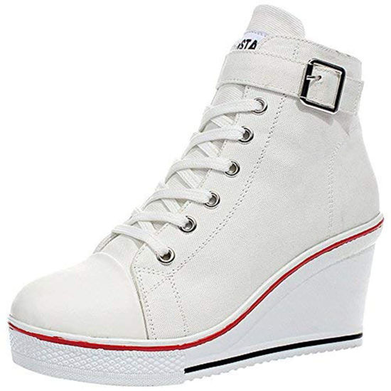 Picture of ALLINNINE Women's Sneaker Shoes High Heel Fashionable Canvas Shoes High Tube Lace Up Wedge Edge Zipper Slope Angle Shoes Size 4-11 (White, 8.5) - Size: 8.5