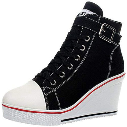 Picture of ALLINNINE Women's Sneaker Shoes High Heel Fashionable Canvas Shoes High Tube Lace Up Wedge Edge Zipper Slope Angle Shoes Size 4-11 (Black, 7) - Size: 7