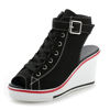 Picture of ALLINNINE Women's Sneaker Shoes High Heel Fashionable Canvas Shoes High Tube Lace Up Wedge Edge Zipper Slope Angle Shoes Size 4-11(Peep-Toe Black,9.5) - Size: 9.5