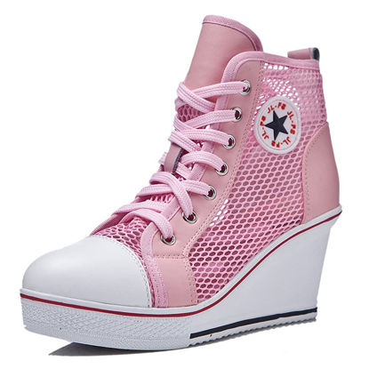 Picture of ALLINNINE Women's Sneaker Shoes High Heel Fashionable Canvas Shoes High Tube Lace Up Wedge Edge Zipper Slope Angle Shoes Size 4-11 (Net Pink, 5) - Size: 5