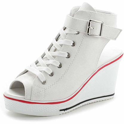 Picture of ALLINNINE Women's Sneaker Shoes High Heel Fashionable Canvas Shoes High Tube Lace Up Wedge Edge Zipper Slope Angle Shoes Size 4-11 (Peep-Toe White,6) - Size: 6
