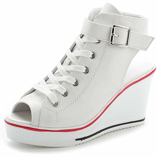 Picture of ALLINNINE Women's Sneaker Shoes High Heel Fashionable Canvas Shoes High Tube Lace Up Wedge Edge Zipper Slope Angle Shoes Size 4-11 (Peep-Toe White,6) - Size: 6