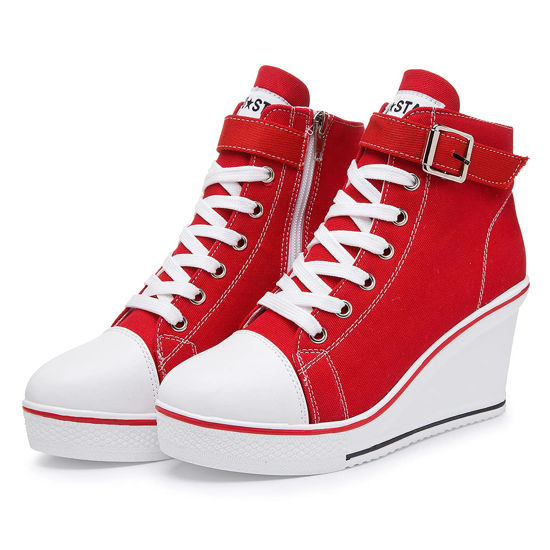 Picture of Mei MACLEOD Wedge Heel Sneaker for Women High Heel Sneaker Side Zipper/Lace Up Canvas Shoes for Teen Girls College Students Red - Size: 9.5