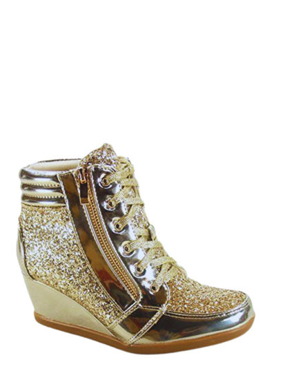 Picture of Forever Link Women's Fashion Glitter High Top Lace Up Wedge Sneaker Shoes Gold 7.5 - Size: 7.5
