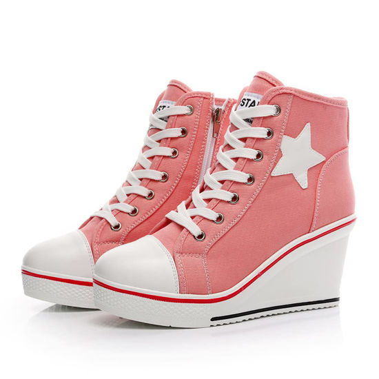 Picture of Mei MACLEOD Fashion Canvas Shoes Wedge Heel Sneaker Lace Up Casual Shoes for Women 3inch High Heel Sneaker Pink - Size: 10