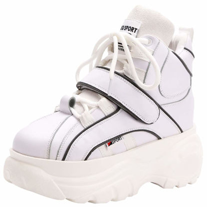 Picture of ANUFER Women's Goth Punk High Top Platform Chunky Sneakers Lace Up Wedgel Heel Dad Shoes White SN02924 US7.5 - Size: 7.5