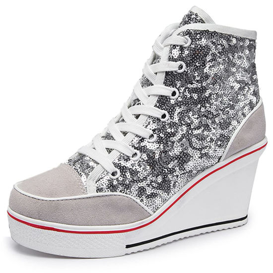 Picture of ALLINNINE Women's Sneaker Shoes High Heel Fashionable Canvas Shoes High Tube Lace Up Wedge Edge Zipper Slope Angle Shoes Size 4-11 (Sequins Grey, 9.5) - Size: 9.5