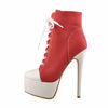 Picture of Richealnana Women's Platform Ankle High Heels Canvas Lace Up Stiletto Round Toe Casual Sneaker Boots Red Size 8 - Size: 8