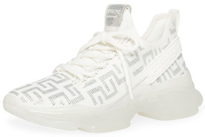 Picture of Steve Madden Maxima Sneakers Women Lace Up Rhinestone Chunky Low Top Knit Runner (White/Silver, 6) - Size: 6