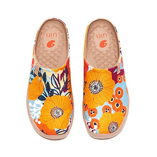 Picture of UIN Women's Slipper Fashion Canvas Comfort Travel Art Painted Shoes Wide Toe Casual Household Slip On Mules Marigolds (6) - Size: 6