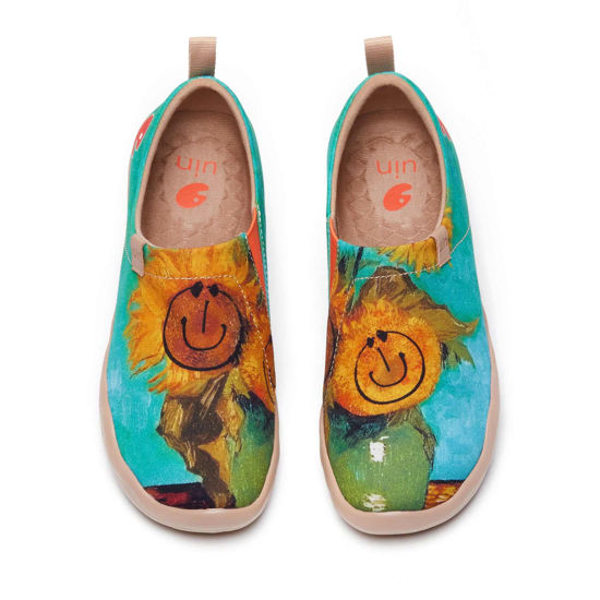 Picture of UIN Women's Slip Ons Canvas Lightweight Flats Sneakers Walking Casual Loafers Comfortable Art Painted Travel Shoes Foral Smiley (6.5) - Size: 6.5