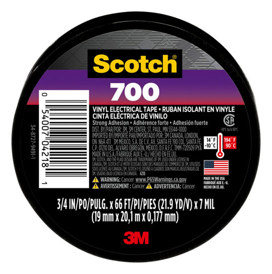 Picture of Scotch Vinyl 700 Electrical Tape, 1 Roll, Black, 3/4-in x 66-ft, General Purpose, Commercial Grade, Rated for Temperatures Up to 194-Degree, Highly flexible, Stretchy & Conformable (700)
