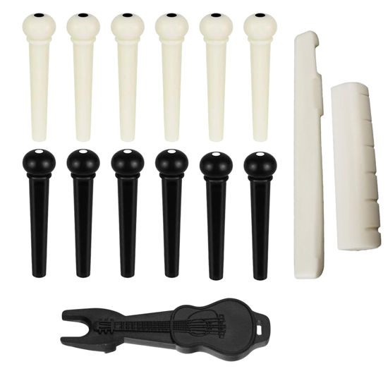 Picture of Viemior 12pcs Acoustic Guitar Bridge Pins, Guitar String Pins Pegs With Bridge Pin Puller Remover and Guitar Bridge Saddle Nut, Acoustic Guitar Replacement Parts and Accessories