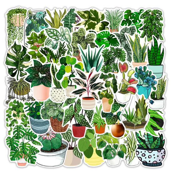 Picture of Gxizlba 50 Pcs Green Plants Stickers Potted Plant Floral Sticker for Laptops Water Bottles Flower Pots Vases Decorative Phone Book Guitar Vinyl Decals for Kids Teens Adults