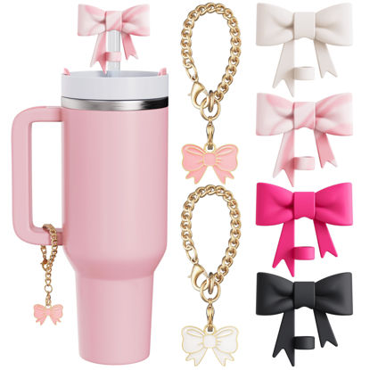 Picture of Compatible with Stanley Cup Accessories - 4Pcs 10mm Cute Bow Straw Topper Compatible with Stanley Cup Straw Cover Cap, 2pcs Bow Charms for Stanley 30&40 Oz Tumbler with Handle