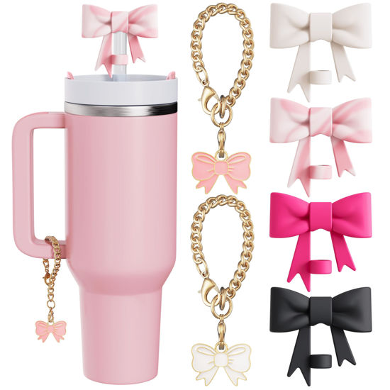 Picture of Compatible with Stanley Cup Accessories - 4Pcs 10mm Cute Bow Straw Topper Compatible with Stanley Cup Straw Cover Cap, 2pcs Bow Charms for Stanley 30&40 Oz Tumbler with Handle